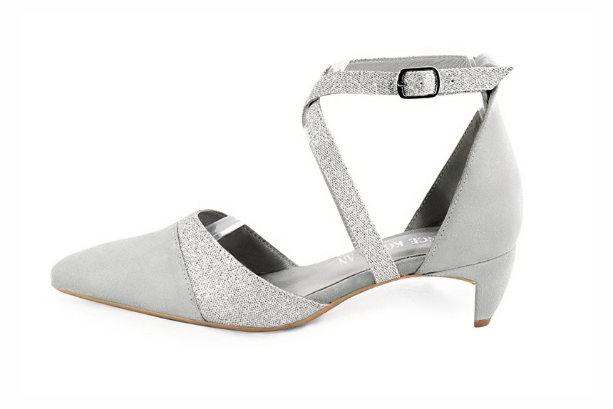 Pearl grey and light silver women's open side shoes, with crossed straps. Tapered toe. Low comma heels. Profile view - Florence KOOIJMAN